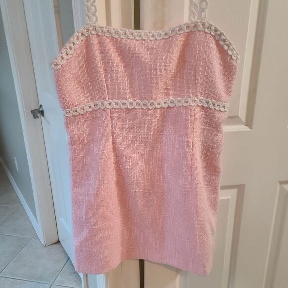 Avec Les Filles Tweed Boucle Pink White Mini Embroidered Dress XL - Picture 6 of 16